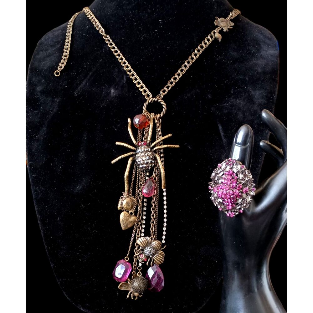 Betsey Johnson Signed Gothic Spider Charm Necklace BONUS Statement Ring Purple